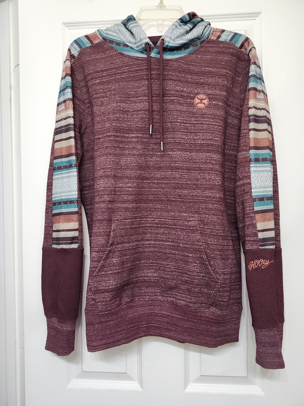 HOOEY Women's Maroon Pullover Hoodie with Striped Sleeve Detail